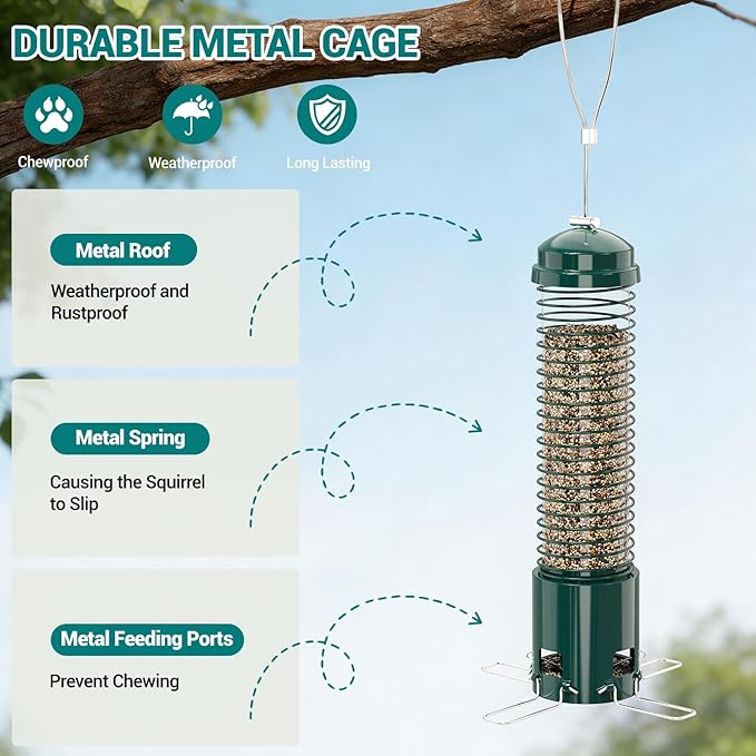Squirrel Proof Bird Feeder, Metal Bird Feeders for Outdoors Hanging, 3.6LB Large Seeds Capacity for Wild Birds, Finch, Cardinal, Blue Jay, Chickadee, Green