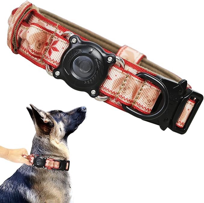 Christmas Tactical Dog Collar with Airtag Holder Waterproof Dog Airtag Collar with Control Handle Adjustable Heavy Duty Dog Collars(Christmas Red，L