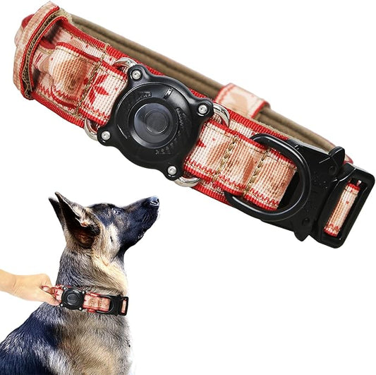 Christmas Tactical Dog Collar with Airtag Holder Waterproof Dog Airtag Collar with Control Handle Adjustable Heavy Duty Dog Collars(Christmas Red，L