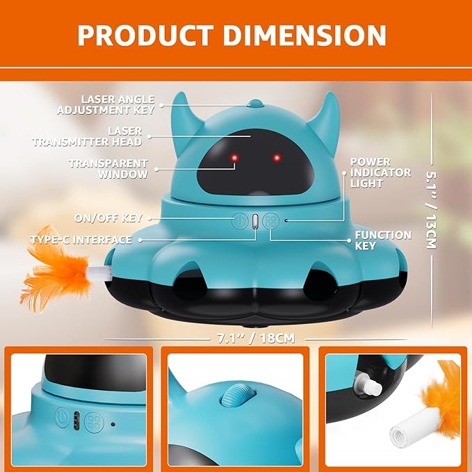 MIKK Cat Laser Feather Toy 2-in-1 Interactive for Indoor Cats Automatic with Remote Control USB-C Rechargeable, No Batteries Needed, Easy Setup, Multi-Cat Use Electronic Kitten Exercise Toy (Blue)