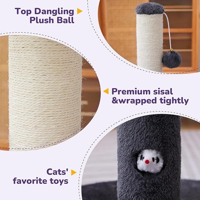 Woochpet 33'' Tall Cat Scratching Post for Adults Cats, Sturdy Large Scratch Pole with Hanging Ball with Fun Mouse Hole, Scratching Posts for Indoor with Durable Natural Sisal Rope (Darkgrey)