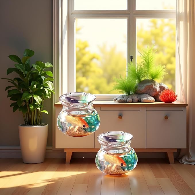 2Pcs Miniature Fish Tank Toy Mini Round Fish Bowls Resin Goldfish Grass for Dollhouse Desktop Craft Project Decor,Mini Fish Bowl,Dollhouse Accessories,Dollhouses Décor