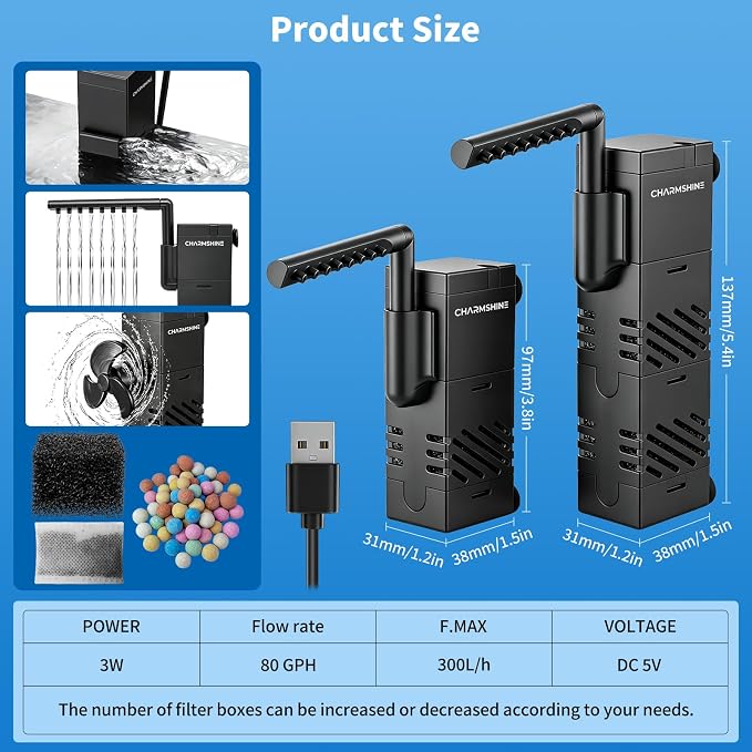 5-in-1 Aquarium Submersible Filter for 3-5 Gallon Fish Tank Ultra-Quiet Small Internal Aquarium Filter, Dual Suction Cups, Multi-Function Outlet, with Reusable Filter Media 3W 80GPH
