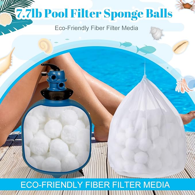 Zubebe Pool Filter Media Balls Fiber Filter Media for Swimming Pool Sand Filters and Bath Center Bathtubs Spas Aquarium and Grime Cleaning Scum (7.7 lbs, White)