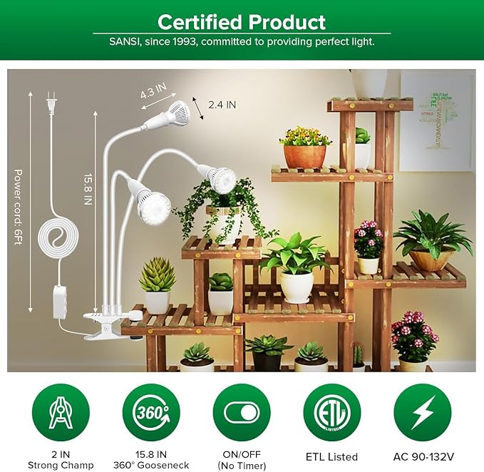 SANSI Grow Lights for Indoor Plants, 30W Clip-On Gooseneck LED Plant Lights | Lifetime Free Bulb Replacement, Plant Lights for Indoor Growing, 3-Head No Timer, Full Spectrum LED Grow Light, High PPFD