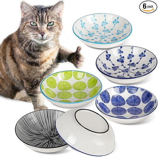 Ceramic Cat Bowls with Non-Slip Silicone Bottom,6 Pack Cat Food Bowl,Anti Whisker Fatigue Cats Dishes for Indoor Cats,Healthy Ceramic Kitten Plates for Daily Feeding Gift Choice (Classic)
