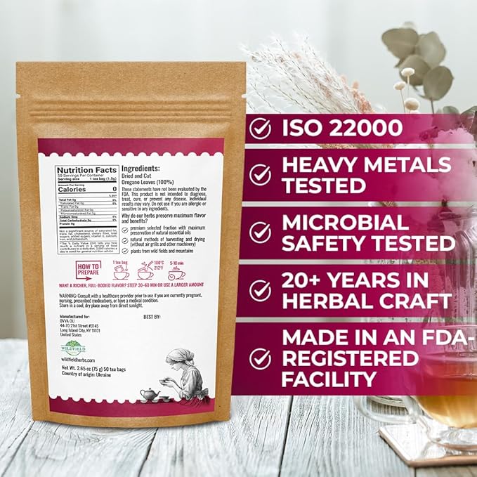 50 Bags Oregano Tea Dried Oregano Leaves Herbal Tea Bag (Origanum Vulgare L.) - 50 Count 1.5g Bags Dry Égano Leaf Herb