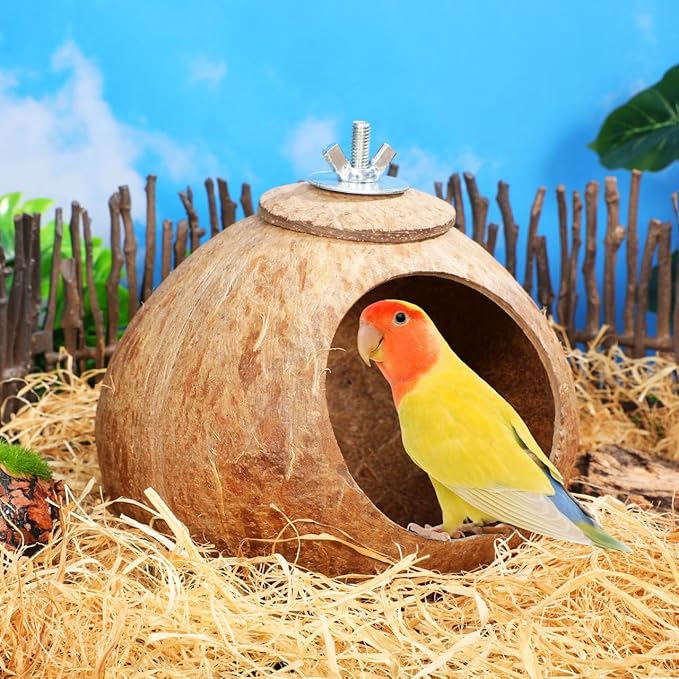 Balacoo Coconut Bird Nest for Cage: Natural Coconut Shell Parakeet Nesting Box, Parakeet Breeding Hut - Bird Cage Accessories for Budgies Cockatiel Conure Lovebirds