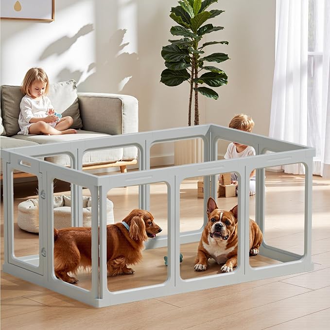 Clear Acrylic Dog Playpen - 33.4 x 33.4 Inch, 24" H 8 Planes Transparent Dog Fence Indoor, Sturdy Pet Pen for Puppy/Small Dog/Rabbit/Pig, Easy Assemble & Cleaning Plastic Whelping Box Enclosure, Grey