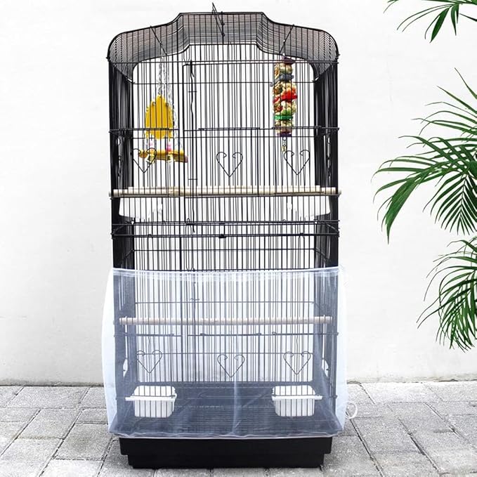 ZMD Bird Cage Seed Catcher, Large Birdcage Cover Adjustable Airy Nylon Mesh Net Birdcage Cover Skirt with Drawstring Seed Guard for Parrot Lovebirds Finches, White