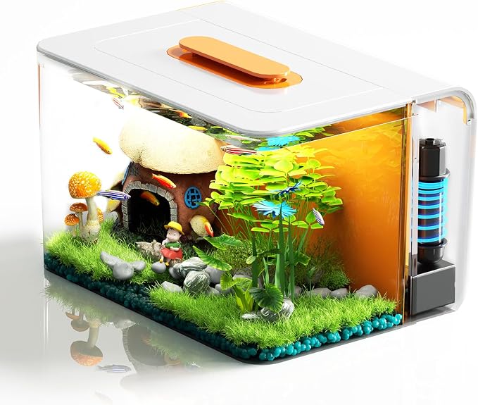 2.5 Gallon Fish Tank Kit with Heater for Betta, Shrimp, Guppy, Acrylic | Dry-wet Separation Filtration, Self-cleaning, Ultra-quiet, 3 Color Light, 10 Brightness, Adjustable Water Flow, Round Corner