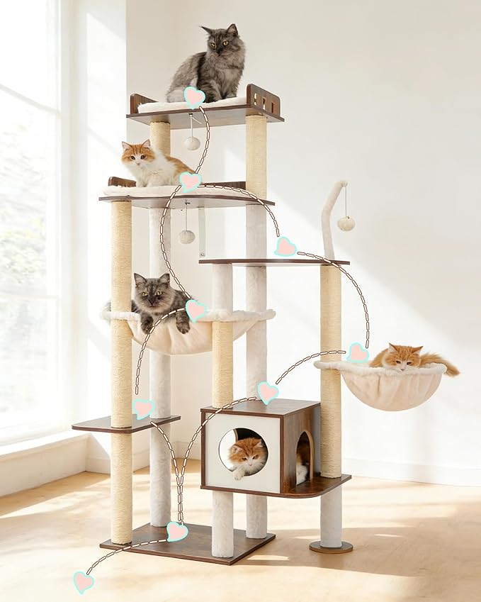 Heybly Cat Tree, 70.5 Inch Wood Tall Cat Tower for Large Indoor Cats with Extra Stable Structure, Modern Cat Furniture with All-Sisal Scratching Posts, Cat Condo & Hammocks, Rustic Brown HCT121SR