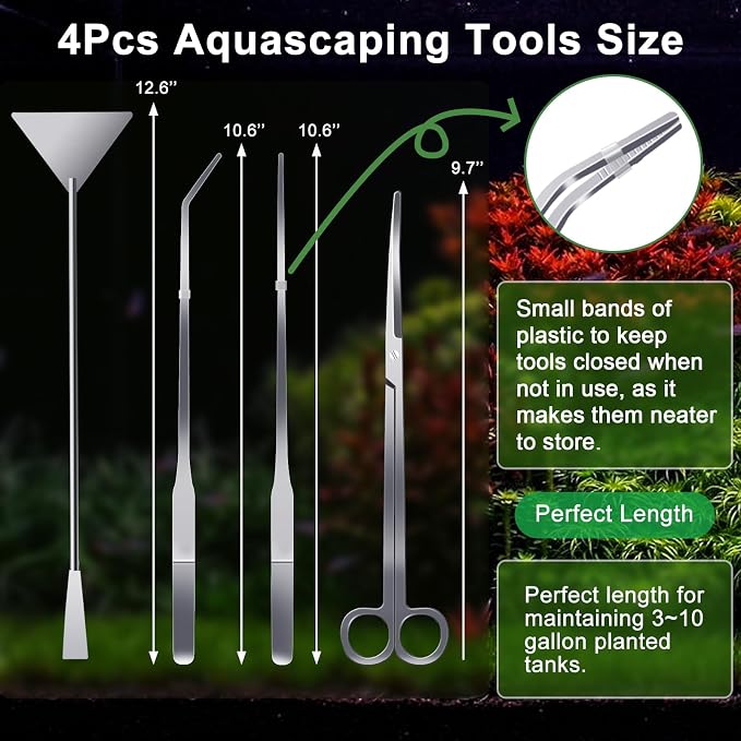 4Pcs Aquascaping Tools, Jeimier Aquascape Kit, Long and Strong Aquarium Tweezers, Scissors, Algae Scraper, Aquarium Plant Tools, Fish Tank Plant Trimming Kit
