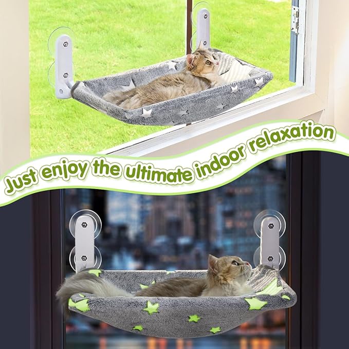 Zoratoo 2PC Cat Window Perch, Glow in The Dark Cordless Foldable Pet Hammock Bed for Window with Sturdy Metal Frame, Glowing Stars Pattern Resting Seat for Indoor Cats (2PC Stars - M)