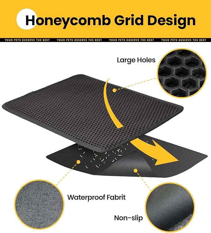 Cat Litter Trapping Mat, 24"x18" Universal Fit Litter Box Floor Mat, Hexagon Grids & Anti-Leak Base, Machine Washable, Non-Slip Kitty Mat for Most Homes, Black