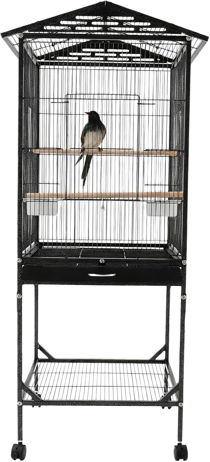 Bird Cage with Stand 54 Inch Birdcages with Pull-Out Tray, Rolling Bird Cage Stand with Wheels for Parakeets, Parrot, Cockatiel, Pigeon, Finch Cage for Birds(Black)