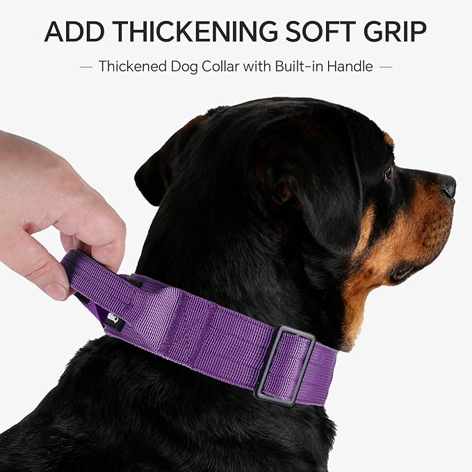 Tactical Thick Dog Collar, Adjustable Training Nylon Dog Collar, Heavy Duty Metal Buckle & Control Handle for Small Medium Large Dogs (M, Purple)