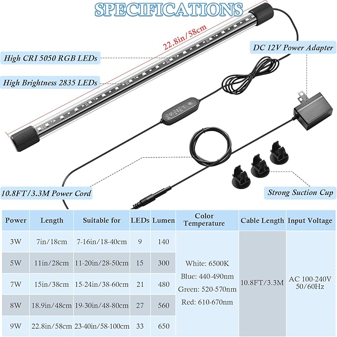 FEDOUR 22.8in Submersible Aquarium LED Light, 24/7 Mode Aquarium Lights with Full Spectrum RGBW LEDs, IP68 Waterproof Fish Tank Light with Dimming, Timming and Color Adjustable