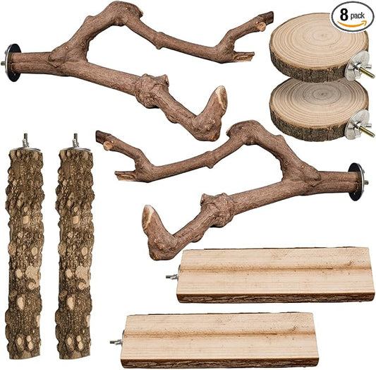 8pcs Brid Perch Bird Cage Accessories 2 Natural Grape Stick Paw Grinding Fork 6 Parrot Stand Bird Toys for Parakeets, Cockatiels, Conure, Budgies