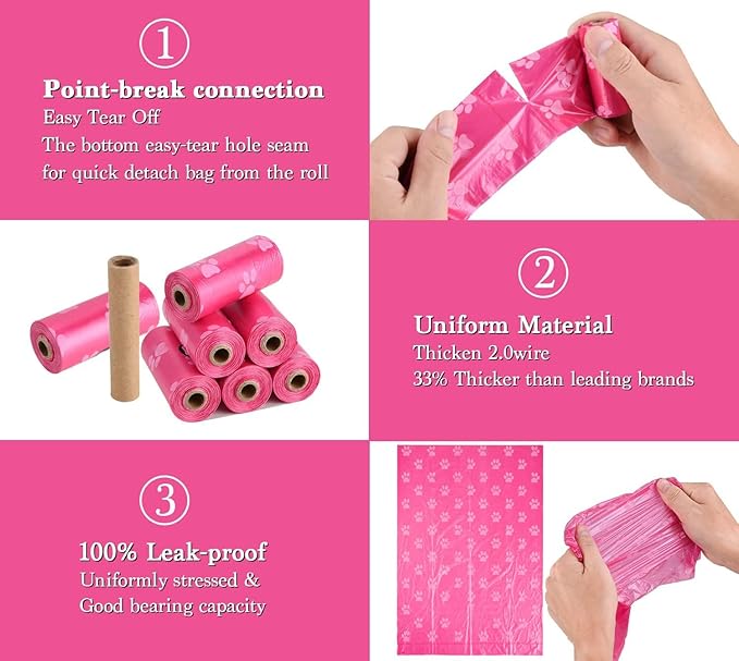 WDFAACK Biodegradable Dog Poo Bags with Holder-240 Large Poop Bags, Corn Starch Blended Compostable Bag, Extra Thick Strong Leak Proof Waste Bag for Dogs (Pink)
