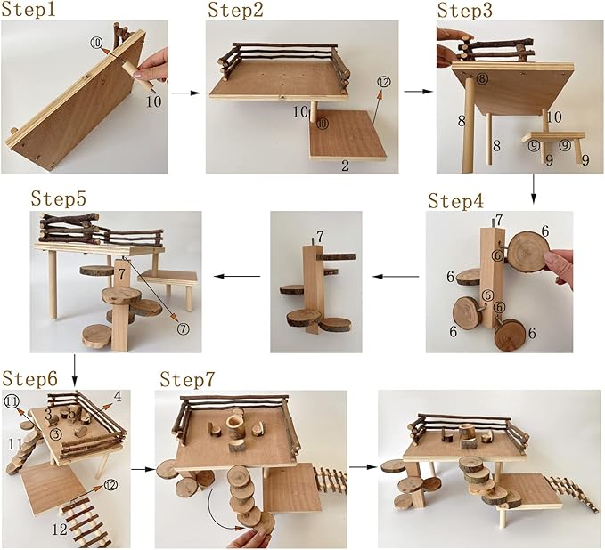 VolksRose Wooden Hamster Playground Platform, Hamster Climbing Toy, Natural Living Climb System, Small Animals Activity Set with Ladder Food Bowl Ramp Bridge for Mouse Gerbil Rat Chinchilla