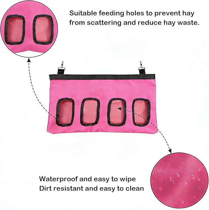 Rabbit Hay Feeder Bag, Large Capacity Rabbit Hay Bag Small Animal Hanging Hay Bag 600D Oxford Cloth Bunny Hay Feeder Bag for Rabbits Guinea Pigs Chinchillas (Rosered-4 Holes-1Pcs)
