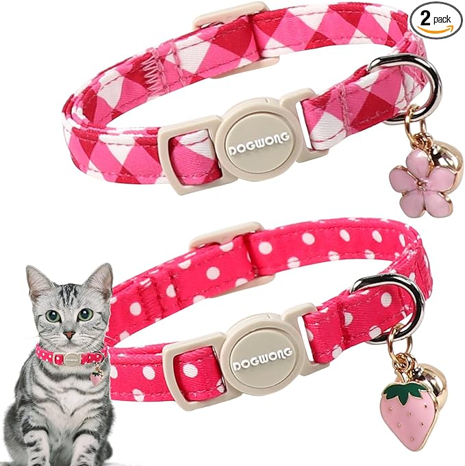 Cat Collar,2 Pack Cute Cat Collars Breakaway with Bell- Safety Buckle Pink Plaid Cat Collar for Girl Cats and Small Dogs，Adjustable 7-12 Inch,Pet Supplies Accessories