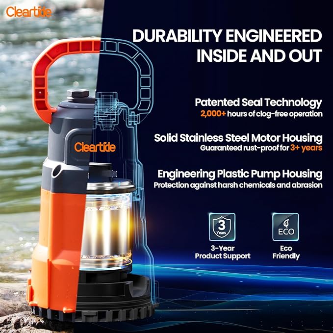 1 HP Submersible Utility Water Pump, 4500 GPH Sump Pump, Portable Plug and Work for Pond, Garden Watering, Pool or Hot Tub Water Transfer