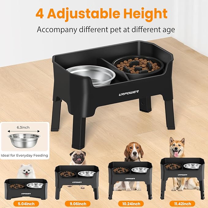 URPOWER 3-in-1 Elevated Dog Bowls - Mess Proof Double Deck 4 Height Adjustable Raised Stand with 2 Stainless Steel Food Bowls & Licking Plate for Small, Medium Dogs