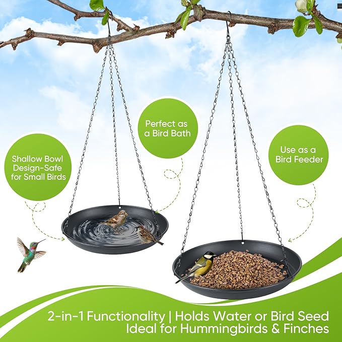 Hanging Bird Bath for Outdoors, 2-Pack Metal Bird Bath & Water Feeder with 2 Shallow Bowls (9.8” & 11.8”), Hummingbird Bath for Wild Birds, Garden, Patio and Yard Decor (9.8IN-1PACK)