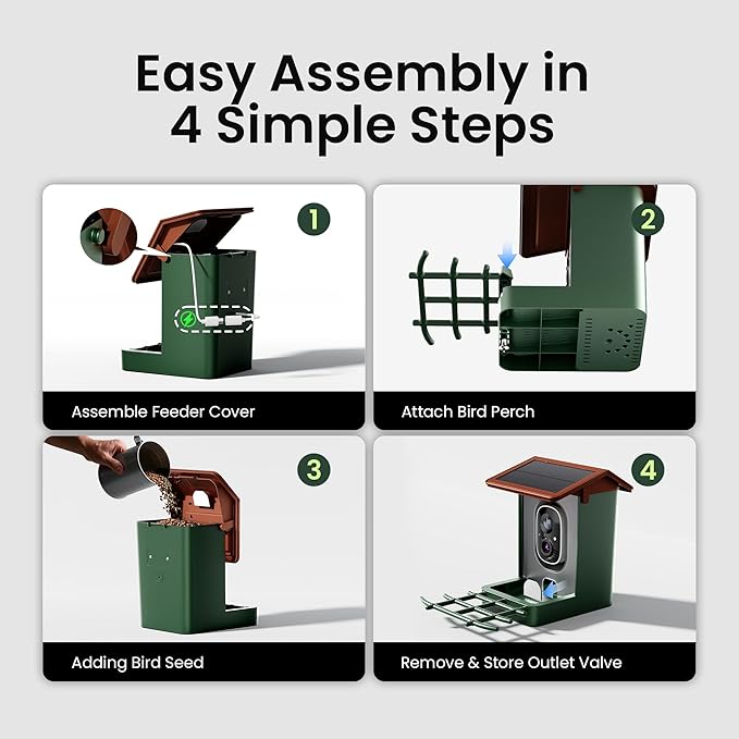 Smart Bird Feeder with Camera Solar Powered 2K HD Video, 10,000+ Species AI Recognition, Real-Time App Alerts, and Weatherproof Design for Effortless Birdwatching, Gift for Bird Lovers, Green Brown