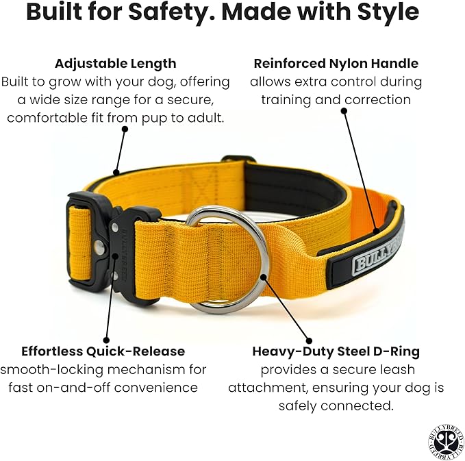 Heavy Duty Dog Collar, Tactical Dog Collar, Dog Collars for Medium Dogs, Waterproof Dog Collar, Dog Training Collar, Quick-Release Metal Buckle, Adjustable Sizes – BULLYBREED (Yellow, Medium)