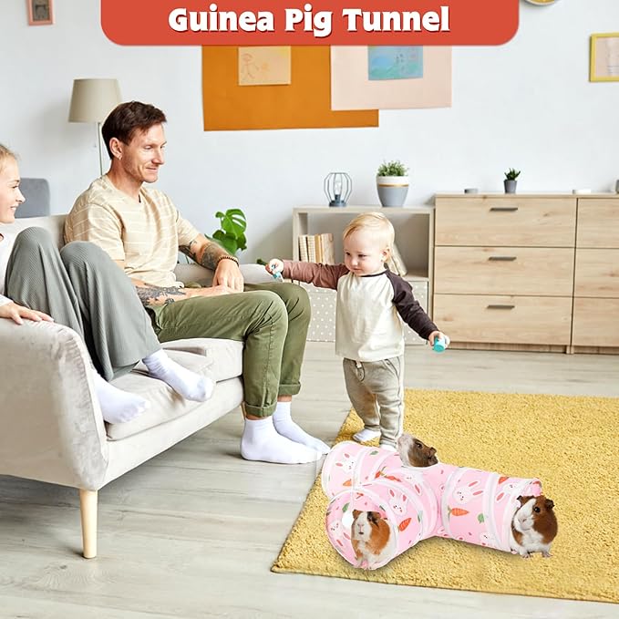 YUEPET 5.9" Guinea Pig Tunnels & Tubes Collapsible Pet 3 Way Play Tunnel Toys Small Animal Hideout Hideaway for Guinea Pig Chinchilla Ferret Hamster Rat(Pink)