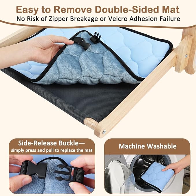 SZEE Window Cat Cooling Bed with Reversible Ice Silk Mat, Foldable Cat Window Perch Hammock with Sturdy Wooden Frame, with Soft Flannel Plush Backing for All-Season Use