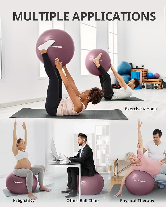 Trideer Exercise Ball for Yoga, Pilates & Fitness – Stability Ball Equipment for Home Gym & Office Chair, Core & Balance Training Accessories, Physical Therapy Equipment, Quick Pump Included, 5 Sizes