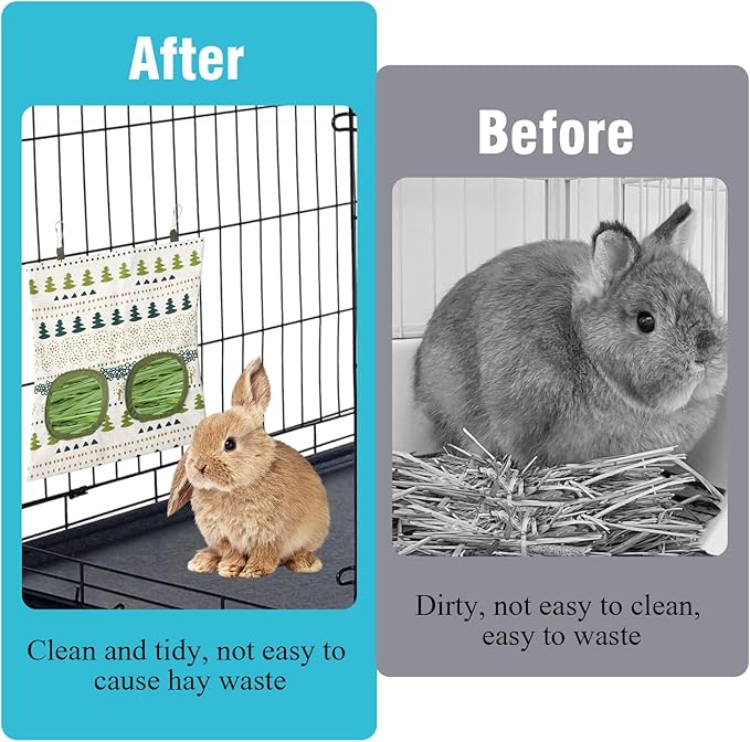 2 Packs Rabbit Hay Feeder Bag, Hanging Hay Feeders Washable 2 Hole Guinea Pig Hay Feeder Bag for Bunny Rabbits Chinchillas Hamsters Small Pets Animals