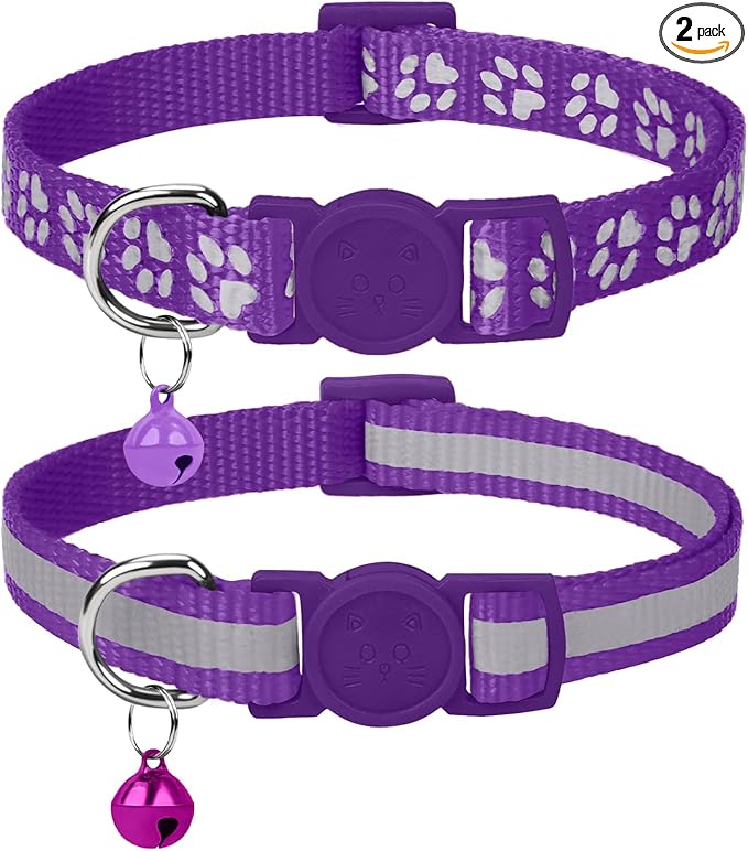 Taglory Reflective Cat Collar Breakaway with Bell, High Visibility Night Strip, Lightweight Adjustable Nylon Collar for Boy Girl Cats, 2 Pack, 7.5-12.5 Inch, Purple