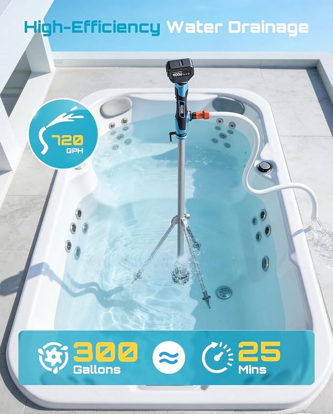 SEESII Cordless Stick Water Transfer Pump, with Tripod Stand Hands-Free | 720GPH & 32FT Lift, 2×4.0Ah Batteries, Portable Design, Fast Drain Pool, Rain Barrel, Basement, Boat Bilge & Irrigate Garden