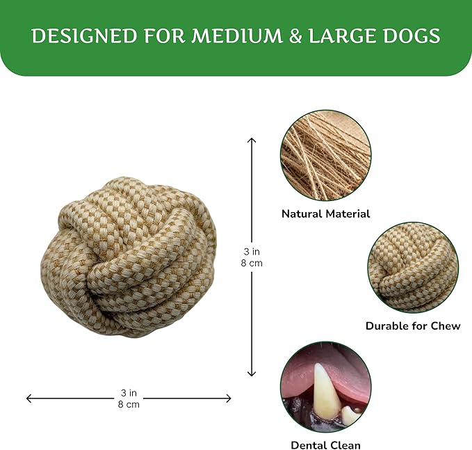 Natural Hemp Dog Rope Toy, Durable Chew and Tug Toy for Medium and Large Dogs, Biodegradable Dental Cleaning Pet Toy (Ball)