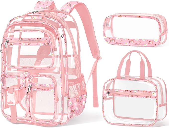 Fimibuke Clear Backpack for Girls, 3PCS Heavy Duty PVC Transparent Girls Backpack with Lunch Box & Pencil Case School Stadium Approved Cute Toddler School Bookbag for Preschool Kindergarten Elementary
