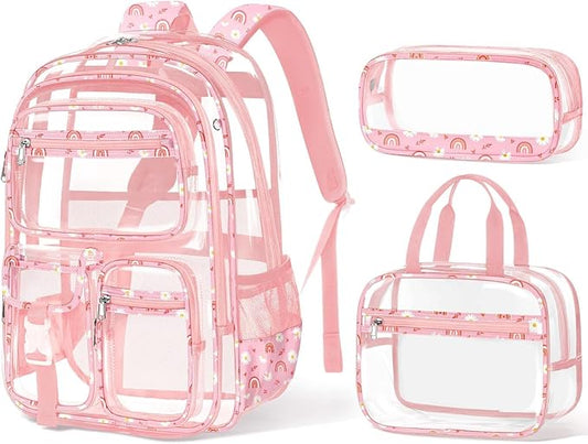 Fimibuke Clear Backpack for Girls, 3PCS Heavy Duty PVC Transparent Girls Backpack with Lunch Box & Pencil Case School Stadium Approved Cute Toddler School Bookbag for Preschool Kindergarten Elementary