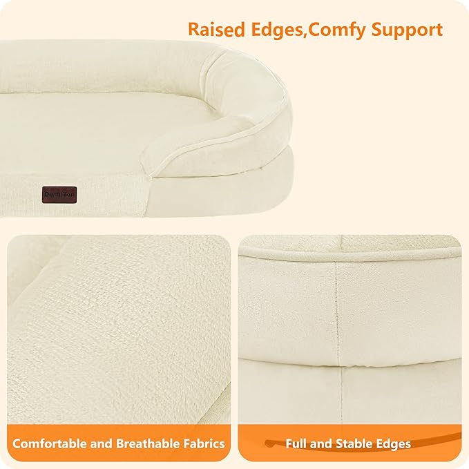 Dwanton Orthopedic Dog Bed for Medium Dogs with Gel Memory Foam, Waterproof Dog Sofa, Washable Pet Bed with Four Sided Bolster Cushion, Removable Cover & Non-Slip Bottom, 36", Beige