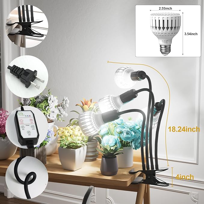 Grow Light,24W (160Watts Equiv) 5000K White Full Spectrum LED Growing Lamp Clip on Desk for Indoor Plants,Bulbs Replaceable & Non-dimmable (Black, 320W)