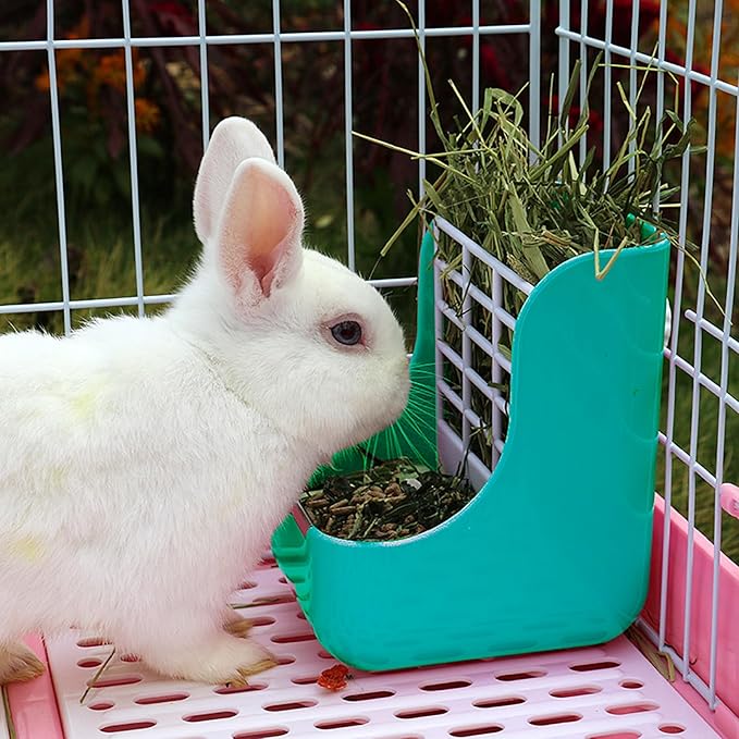 Rabbit Feeder, Hay Food Bin Feeder, Adjustable,Removable Grass Rack, Stainless Steel Edge, for Rabbit, Guinea Pig, Chinchilla (Blue)