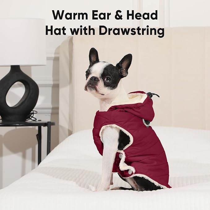 Vecomfy Fleece Lining Dog Hoodie with Harness Built in,Extra Warm Large Dog Jacket in Winter Doggie Coats with Drawstring Hooded,Red XXL