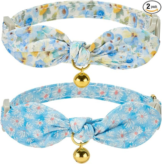 Bunny Ear Bowtie Cat Collar with Bell 2 Pack Cotton Breakaway Kitten Collars with Removeable Bow Stylish Cat Collars(Floral Blue)