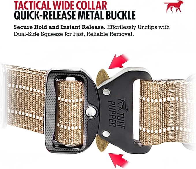 Tuff Pupper Tactical Dog Collar | Heavy Duty 1.5" Wide Ballistic Nylon | Training Control Handle | Quick-Release Metal Buckle | Reflective Bands | ID Tag Holder | Padded Inner Lining (Tan, Medium)