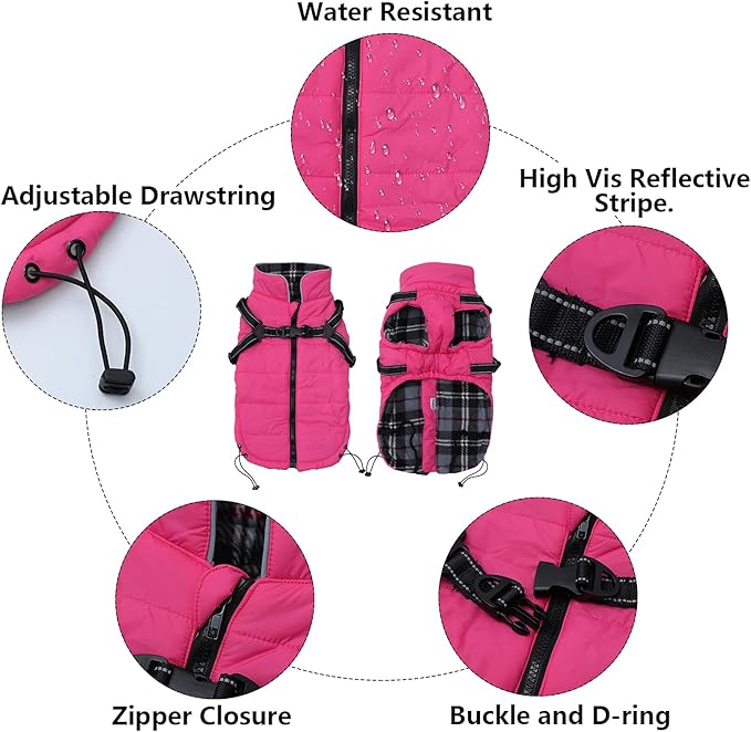 Geyecete Winter Warm Coat Waterproof Dog Winter Jacket with Harness Traction Belt,Pet Outdoor Jacket Dog Autumn and Winter Clothes for Medium, Small Dog-Pink-XS