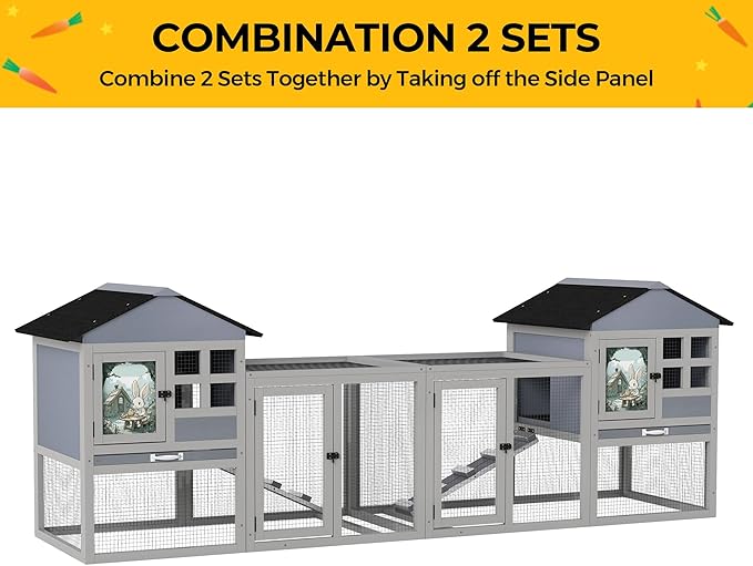 48" L Large Rabbit Hutch Outdoor Indoor, Expandable 2-Story Wooden Bunny Cage with Run, Removale Tray, 3 Entrances, Grey&Air Purifier