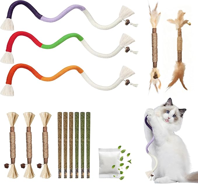 Silvervine Sticks for Cats & Cat Chew Ropes Cat Chew Toys for Indoor Cats Kitten Teething Toys for Dental Cleaning Teeth with Natural Catnip Bag, Increase Appetite, Enhances Oral & Dental Health,14PCS